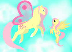 Size: 3056x2208 | Tagged: safe, artist:fableworldna, fluttershy, sky skimmer, flutter pony, pegasus, pony, g2, g4, duo, female, flying, g2 to g4, generation leap, high res, mare