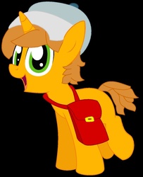 Size: 805x993 | Tagged: safe, artist:notgoodartistgirl, oc, oc only, oc:arnoldcadabrz, pony, unicorn, bag, black background, colt, foal, green eyes, hat, looking at you, male, simple background, smiling