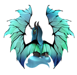 Size: 4650x4500 | Tagged: safe, artist:phoeberia, queen chrysalis, changeling, changeling queen, g4, absurd resolution, female, growling, looking back, rear view, simple background, sitting, solo, spread wings, transparent background