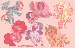 Size: 1024x655 | Tagged: safe, artist:clumsyhermit, applejack, fluttershy, pinkie pie, rainbow dash, rarity, twilight sparkle, alicorn, pony, g4, female, mane six, mare, twilight sparkle (alicorn)