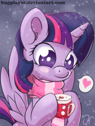 Size: 3000x4000 | Tagged: safe, artist:bugplayer, twilight sparkle, alicorn, pony, g4, blushing, bugplayer is trying to murder us, clothes, cute, female, fluffy, heart, hoof hold, hot chocolate, mare, marshmallow, mug, pictogram, scarf, smiling, snow, solo, spread wings, twilight sparkle (alicorn), winter
