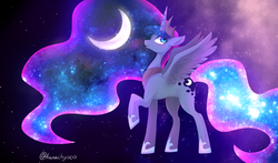 Size: 2274x1340 | Tagged: safe, artist:hosikawa, princess luna, alicorn, pony, g4, abstract background, female, moon, raised hoof, solo