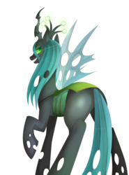Size: 1183x1600 | Tagged: safe, artist:hosikawa, queen chrysalis, changeling, changeling queen, g4, bugbutt, butt, crown, female, grin, jewelry, looking back, plot, raised hoof, regalia, simple background, smiling, solo, transparent background
