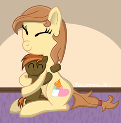 Size: 2521x2555 | Tagged: safe, artist:techarmsbu, button mash, oc, oc:cream heart, earth pony, pony, g4, colt, cream heart and button mash:best mother and son, earth pony oc, female, foal, high res, male, mare, mother and son, snuggling