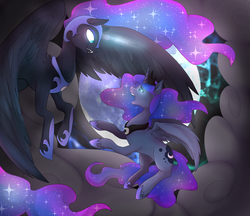 Size: 1067x924 | Tagged: dead source, safe, artist:hosikawa, nightmare moon, princess luna, alicorn, pony, g4, duality, duo