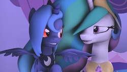 Size: 1024x576 | Tagged: safe, artist:petlover613, princess celestia, princess luna, g4, 3d, red eyes, s1 luna