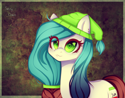 Size: 1280x1004 | Tagged: safe, artist:cookie2555, oc, oc only, earth pony, pony, :3, beanie, ear piercing, female, hair tie, hat, looking at you, mare, piercing, simple background, solo