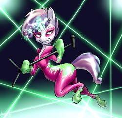 Size: 1351x1309 | Tagged: safe, artist:gun-modoki, sweetie belle, pony, g4, alternate hairstyle, belly, bipedal, dexterous hooves, female, grin, jumping, laser, light show, magic, microphone, show stopper outfits, simple background, skintight clothes, solo, stars