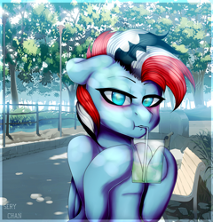 Size: 2255x2345 | Tagged: safe, artist:cookie2555, oc, oc only, pegasus, pony, :t, bench, bipedal, blushing, bush, drink, drinking, female, fence, glass, high res, lamppost, looking at you, mare, park, path, solo, straw, tree, wall