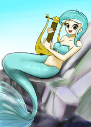 Size: 1300x1824 | Tagged: safe, artist:twilite-sparkleplz, lyra heartstrings, mermaid, g4, bandeau, belly button, female, happy, irrational exuberance, looking at you, lyre, mermaid lyra, mermaidized, midriff, open mouth, rock, seaponified, sitting, smiling, solo, species swap, tail, water