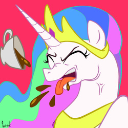 Size: 1000x1000 | Tagged: dead source, safe, artist:leek-cn, princess celestia, pony, g4, female, gagging, princess celestia hates tea, simple background, solo, spitting, tea, teacup, tongue out, vein, vein bulge