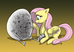 Size: 1208x853 | Tagged: safe, artist:mickeymonster, fluttershy, g4, :t, crossover, crying, cute, duct tape, egg, flumpty bumpty, frown, one night at flumpty's, petting, prone, sad, smiling