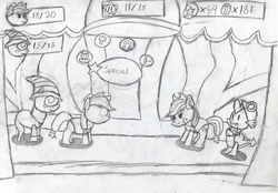 Size: 1032x718 | Tagged: safe, artist:thebigapple, applejack, spike, g4, boss battle, clothes, cosplay, crossover, doopliss, goombella, helmet, paper mario, paper mario: the thousand year door, ponified, scene parody, super mario bros., traditional art, vivian (paper mario)