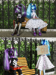 Size: 1280x1705 | Tagged: source needed, safe, artist:artificialgrass146, aria blaze, sonata dusk, equestria girls, g4, bench, customized toy, cute, doll, irl, photo, sitting, toy