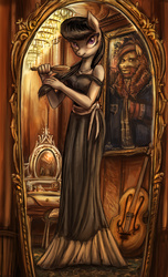 Size: 1468x2420 | Tagged: safe, artist:jowyb, octavia melody, anthro, g4, brush, brushing, clothes, dress, female, looking at you, mirror, painting, reflection, smiling, solo