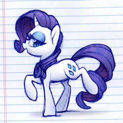 Size: 1500x1499 | Tagged: safe, artist:dawnfire, rarity, g4, colored pupils, doodle, female, lidded eyes, lined paper, looking back, open mouth, raised hoof, raised leg, shadow, smiling, solo, traditional art