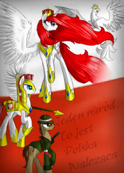 Size: 3465x4815 | Tagged: safe, artist:alicjaspring, oc, oc only, oc:queen poland, alicorn, eagle, pony, alicorn oc, guard, nation ponies, patriotic, poland, polish, remember, soldier, soldiers, translated in the comments