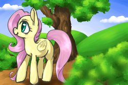 Size: 1200x800 | Tagged: safe, artist:whale, fluttershy, g4, cloud, cloudy, female, smiling, solo, tree