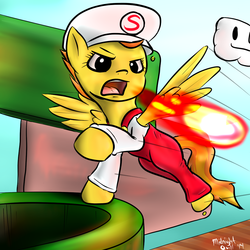 Size: 1000x1000 | Tagged: safe, artist:m_d_quill, spitfire, g4, female, fire, fire breath, fire flower, fun, hat, overalls, power-up, pun, solo, spitfiery, super mario bros.