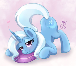 Size: 1265x1100 | Tagged: safe, artist:joakaha, trixie, pony, unicorn, g4, ass up, bedroom eyes, blushing, face down ass up, female, heart, looking at you, mare, pillow, smiling, solo, sultry pose