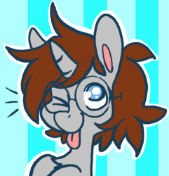 Size: 950x987 | Tagged: safe, artist:goatsocks, oc, oc only, pony, unicorn, :p, cute, glasses, looking at you, raspberry, smiling, solo, tongue out, wink