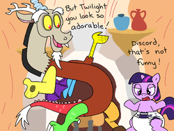 Size: 680x512 | Tagged: dead source, safe, artist:organic, discord, twilight sparkle, draconequus, pony, unicorn, g4, diaper, diaper fetish, female, male, mare, non-baby in diaper, poofy diaper