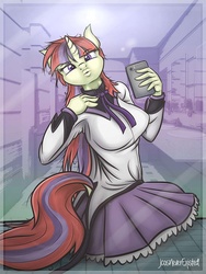 Size: 768x1024 | Tagged: safe, artist:jcosneverexisted, moondancer, anthro, amending fences, g4, breasts, busty moondancer, clothes, cosplay, costume, female, homura akemi, kissy face, puella magi madoka magica, selfie, skirt, solo