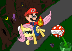 Size: 3344x2382 | Tagged: safe, artist:tman5636, fluttershy, g4, crossover, fire, high res, humans riding ponies, male, mario, mario bros riding fluttershy, marioshy, piranha plant, riding, super mario bros.