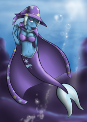 Size: 1240x1754 | Tagged: safe, artist:crow1992, trixie, mermaid, anthro, g4, bedroom eyes, belly button, bra, bubble, cape, clothes, female, hat, looking at you, smiling, solo, underwater, underwear, wizard hat