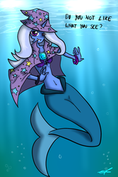 Size: 1000x1500 | Tagged: safe, artist:xonitum, trixie, mermaid, merpony, pony, unicorn, anthro, g4, belly button, bubble, female, fish tail, grin, mare, midriff, ocean, seashell, smiling, solo, sunlight, tail, underwater, water