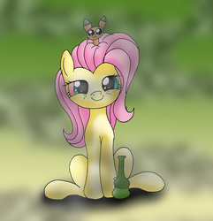 Size: 2387x2475 | Tagged: safe, artist:seenty, fluttershy, g4, bedroom eyes, bloodshot eyes, bong, drugs, female, flutterhigh, high, high res, looking at you, sitting, sitting on head, smiling, solo, stoned