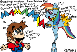 Size: 790x534 | Tagged: safe, artist:icepony64, rainbow dash, genie, g4, bottle, crossover, dialogue, geniefied, male, mario, simple background, super mario bros., transparent background