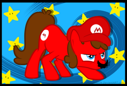 Size: 2923x1975 | Tagged: safe, artist:angelgashapon, artist:commandermitsuki, pony, blue background, blue eyes, brown hair, brown mane, cap, crouching, cutie mark, facial hair, hat, male, mario, moustache, ponified, red hat, simple background, solo, stars, super mario bros.