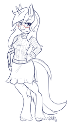Size: 414x720 | Tagged: safe, artist:skuttz, oc, oc only, oc:apologue, unicorn, anthro, unguligrade anthro, clothes, glasses, hand on hip, monochrome, skirt, solo