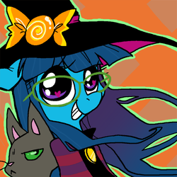 Size: 500x500 | Tagged: safe, artist:goatsocks, oc, oc only, oc:annie, cat, grin, solo, witch