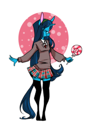 Size: 1280x1812 | Tagged: safe, artist:goatsocks, oc, oc only, oc:annie, anthro, candy, clothes, lollipop, school uniform, skinny, skirt, solo, stockings, thin