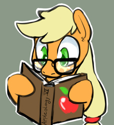 Size: 622x683 | Tagged: safe, artist:whale, applejack, g4, apple, book, female, glasses, holding, solo, that pony sure does love apples