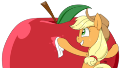 Size: 1280x715 | Tagged: safe, artist:notenoughapples, applejack, g4, apple, female, giant apple, grin, polishing, simple background, solo, that pony sure does love apples, transparent background