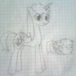 Size: 1138x1136 | Tagged: safe, oc, oc only, oc:cherry plant, chibi, cutie mark, graph paper, horn, monochrome, traditional art, wings