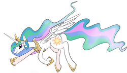 Size: 6994x4025 | Tagged: safe, artist:ryouga1100, princess celestia, g4, absurd resolution, female, flying, simple background, smiling, solo, white background