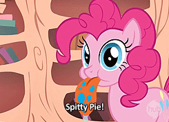 Size: 245x177 | Tagged: safe, edit, edited screencap, screencap, pinkie pie, earth pony, pony, bridle gossip, g4, animated, female, image macro, implied spike, large tongue, mare, meme, spitty pie, text