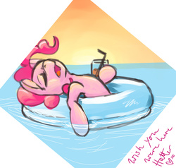 Size: 1174x1117 | Tagged: safe, artist:whale, pinkie pie, g4, cup, drink, female, floating, floaty, holding, inner tube, open mouth, photo, picture, sleeping, solo, straw, water