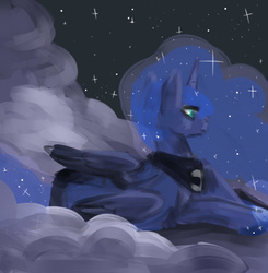 Size: 439x448 | Tagged: safe, artist:whale, princess luna, alicorn, pony, g4, cloud, cloudy, female, night, night sky, prone, sky, solo, stars