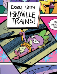 Size: 483x625 | Tagged: safe, artist:brendahickey, idw, spike, dragon, g4, spoiler:comic, spoiler:comicff19, male, meme origin, peril, railroad spike, rope, sign, tied to tracks, tied up, train tracks