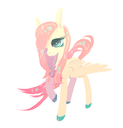 Size: 694x720 | Tagged: safe, artist:shacklefunk, fluttershy, pegasus, pony, g4, colored hooves, female, flower, flower in hair, mare, raised hoof, simple background, solo, spread wings, white background, wings