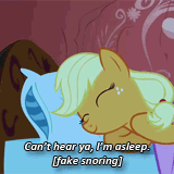 Size: 160x160 | Tagged: safe, edit, edited screencap, screencap, applejack, g4, look before you sleep, animated, bed, elements of irony, female, golden oaks library, image macro, meme, snoring, solo, text