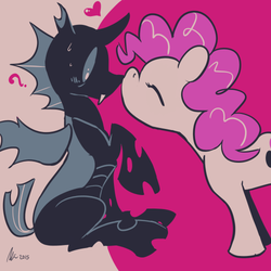 Size: 500x500 | Tagged: safe, artist:rwl, doomie, pinkie pie, changeling, g4, blushing, boop, confused, cute, diapinkes, doomie pie, eyes closed, female, heart, interspecies, limited palette, male, noseboop, question mark, shipping, straight, surprised, sweat, wide eyes