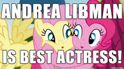Size: 610x342 | Tagged: safe, fluttershy, pinkie pie, g4, andrea libman, image macro, meme, voice actor