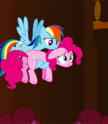 Size: 245x280 | Tagged: safe, screencap, pinkie pie, rainbow dash, pony, g4, too many pinkie pies, animated, butt, clone, female, holding a pony, pinkie clone, pinkiebuse, plot, rainbow douche, rainbow dumb