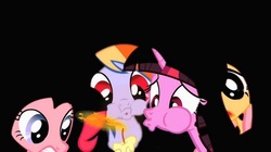 Size: 600x337 | Tagged: safe, screencap, fluttershy, pinkie pie, rainbow dash, twilight sparkle, g4, over a barrel, candle, duckface